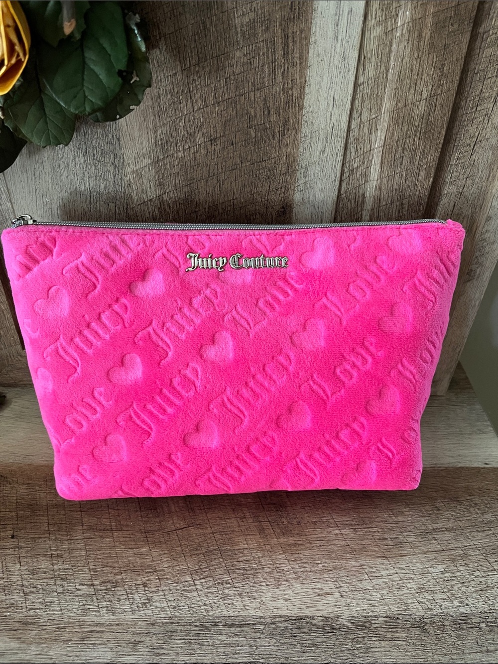 Juicy Couture Hot Pink Velour Makeup Bag Large Wedge Cosmetic Case NWT
